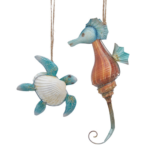 Shell Seahorse & Turtle Ornaments, 2 Assorted