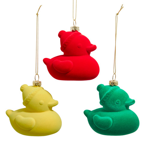 Flocked Red, Green & Yellow Duck Ornaments, 3 Assorted