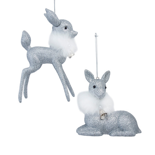 Silver Glittered Deer Ornaments, 2 Assorted