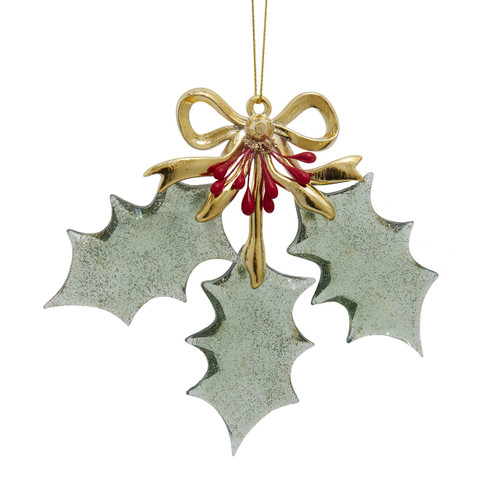 Transparent Green Holly Leaves With Gold Bow Ornament