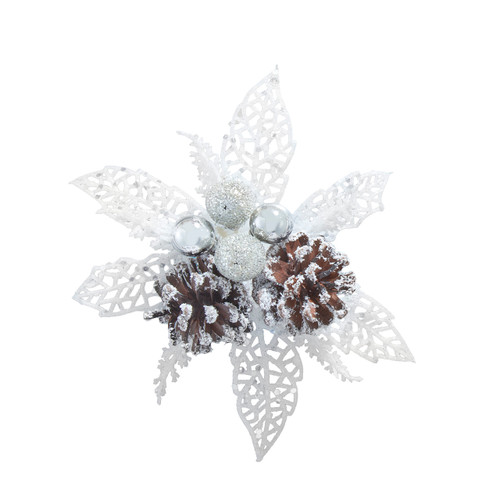 White Glittered Poinsettia With Pinecone Clip-On Ornament