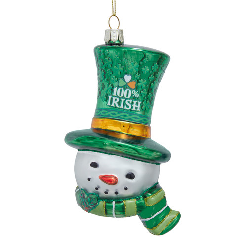 Glass "100%" Irish Snowman Head With Top Hat Ornament