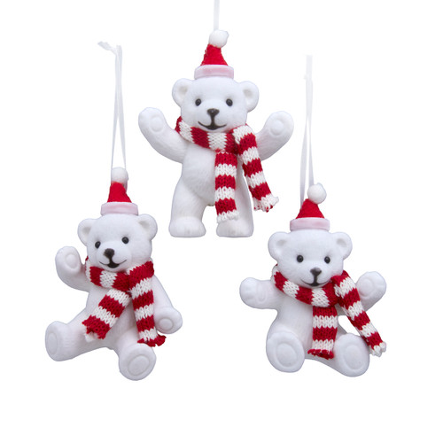 Flocked White Bear With Red & White Hat & Scarf Ornaments, 3 Assorted