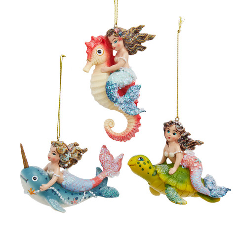 Mermaid Riding Seahorse, Narwhal & Sea Turtle Ornaments, 3 Assorted