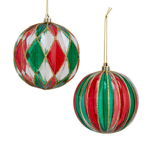 100MM Shatterproof Red & Green Stripe & Checkered Ball Ornaments, 2 Assorted