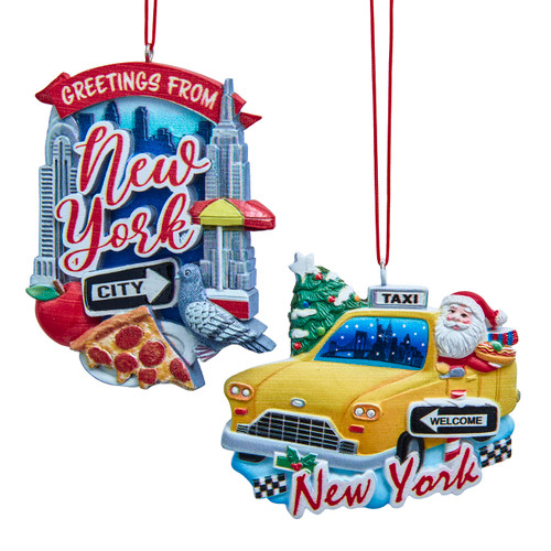 "New York" Taxi With Santa & "Greetings From New York" Icon Ornaments, 2 Assorted