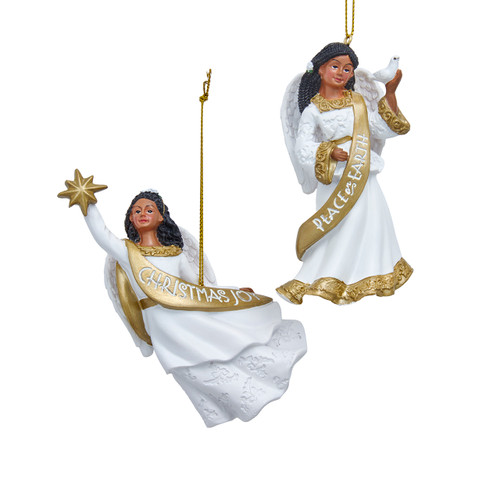 African American White & Gold Angel Ornaments, 2 Assorted