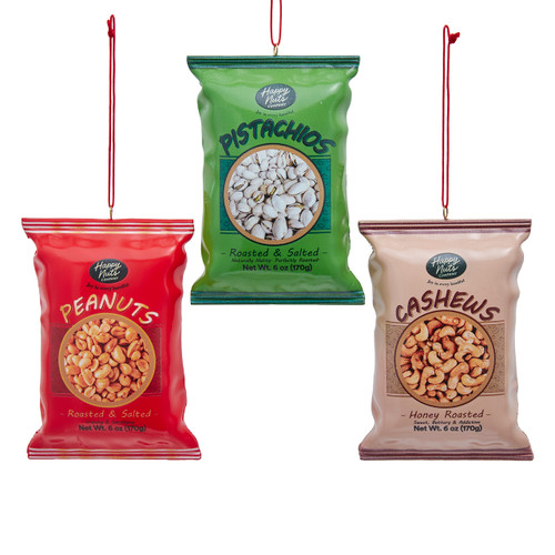"Happy Nuts" Pistachios, Cashews & Peanuts Bag Ornaments, 3 Assorted