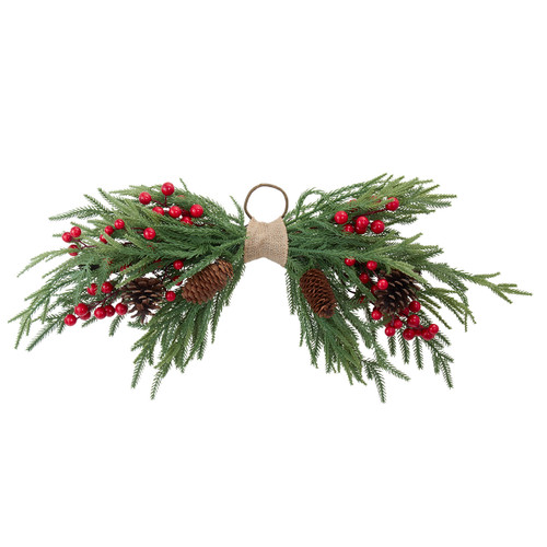 24" Pine Needle With Bows, Red Berrie & Pinecones