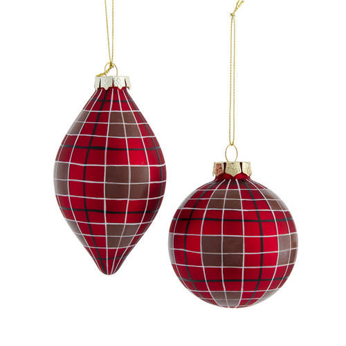 80MM Glass Red Plaid Ball & Finial Ornaments, 2 Assorted