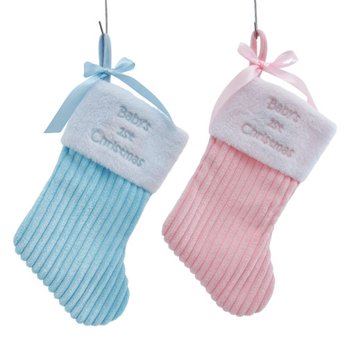 Baby's 1st Pink & Blue Corduroy With Bow & Faux Fur Cuff Stockings, 2 Assorted