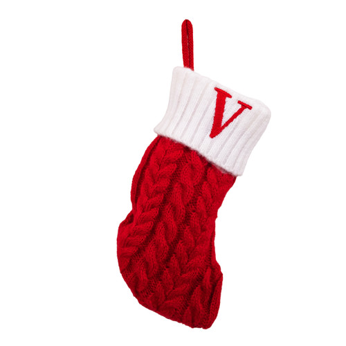 8.6" Red & White Knit Monogrammed "V" Miniature Stocking 