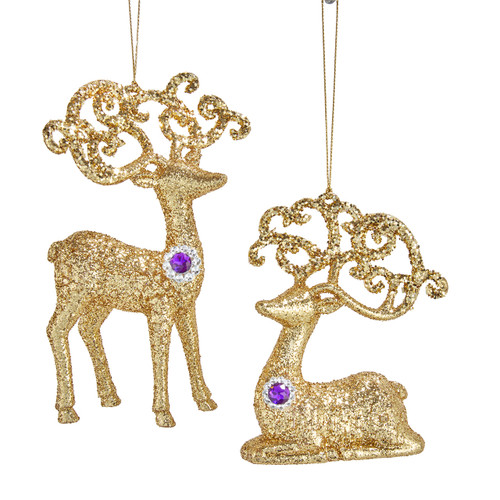 Glittered Deer With Gemstone Ornaments, 2 Assorted