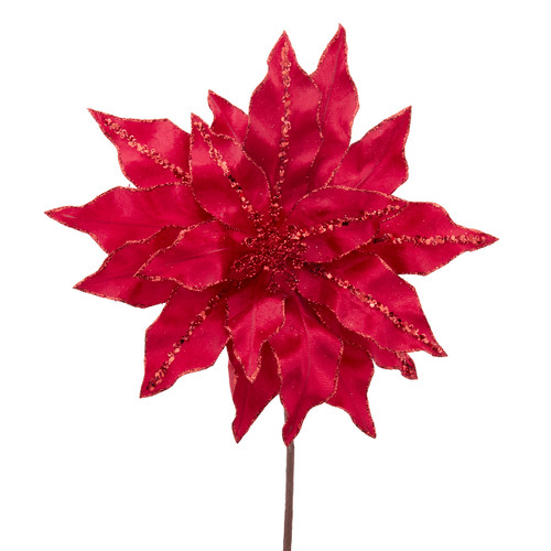 Red Velvet With Glitter Accents Poinsettia Stem 