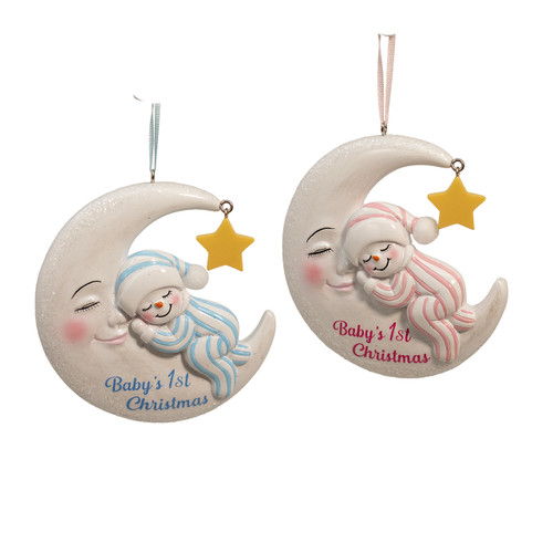 Baby's First Christmas Snowman Boy & Girl Baby On Moon Ornaments, 2 Assorted