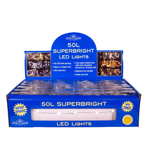 16.3' Battery Operated 50L Cool White Superbright LED Silver Wire Light Set In PDQ