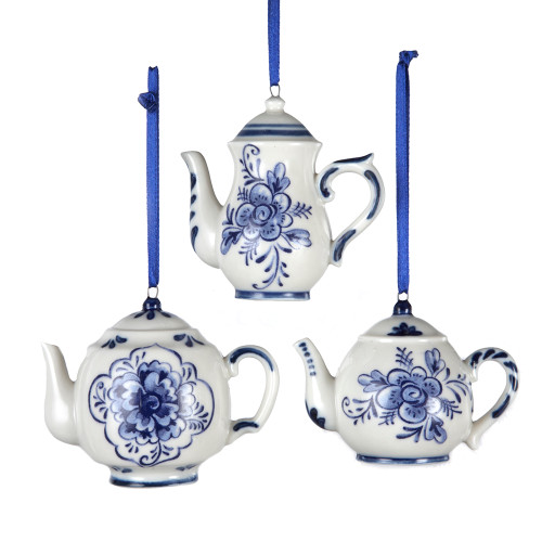 Delft Blue Teapot Ornaments, 3 Assorted