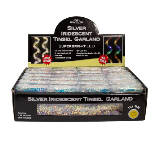 6.3' Battery Operated 20L Multicolor Superbright LED Silver Iridescent Tinsel Garland In PDQ