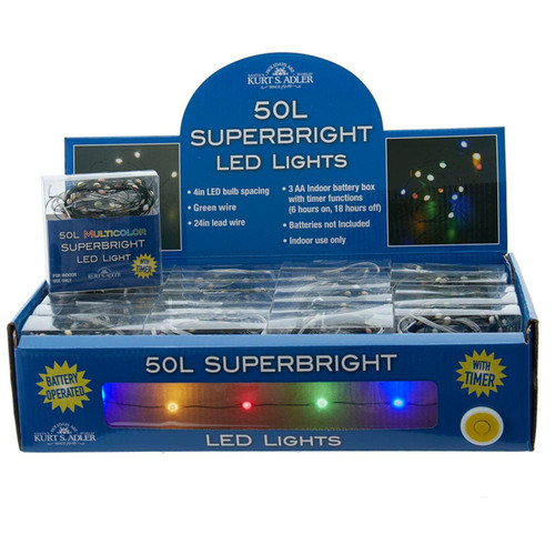 16.3' Battery Operated 50L Multicolor Superbright LED Green Wire Light Set In PDQ