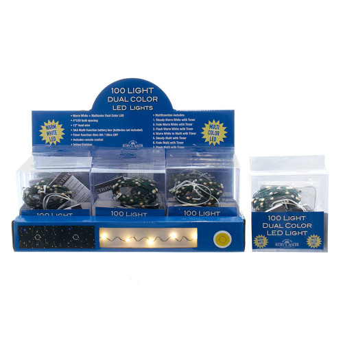 33' Battery Operated 100L Multifunction Dual Color (Warm White & Multicolor) Superbright LED Green Wire Light Set + Remote In PDQ