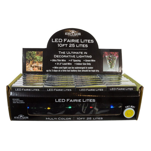 8' Battery Operated 25L Multicolor Fairy LED Green Wire Light Set In PDQ