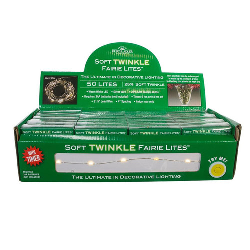 16.3' Battery Operated 50L Warm White Soft Twinkle Fairy LED Silver Wire Light Set In PDQ