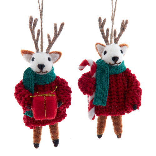 Deer With Scarf & Sweater Ornaments, 2 Assorted