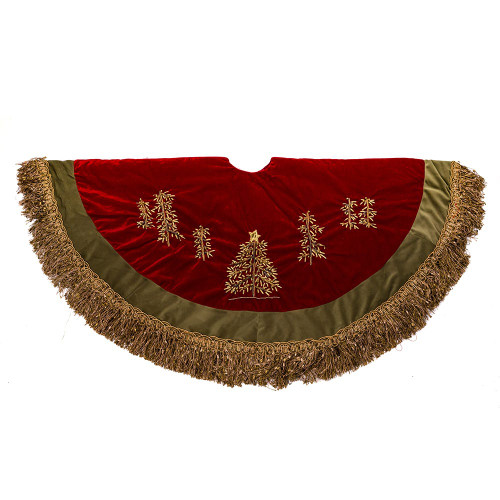 50“ Burgundy Velvet Ribbon Tree Skirt With Green Tassel Border