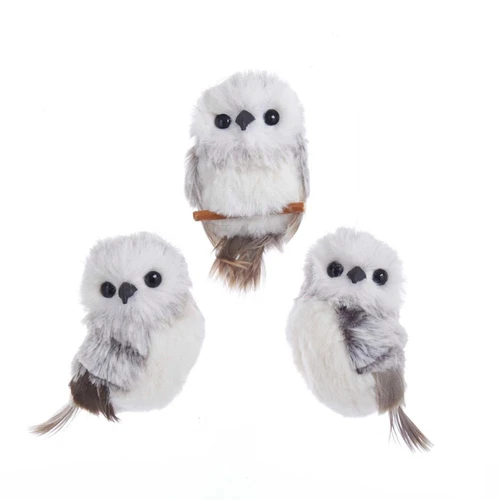 Grey With White Fur Hanging Owl Ornaments, 3 Assorted
