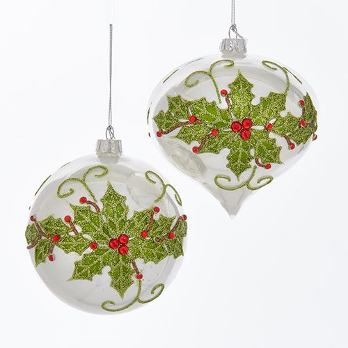 Glass White With Holly Leaves and Red Jewels Design Ornaments, 2 Assorted