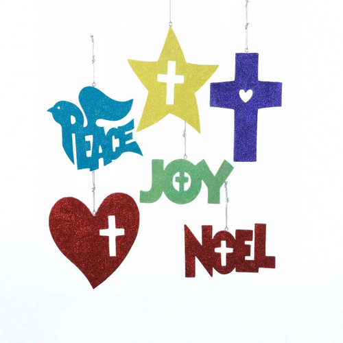 Glitter Star/Cross/Peace/ Noel/Heart/Joy Ornaments, 6 Assorted