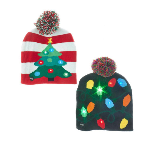 Battery-Operated Knit Hat with LED Christmas Pattern, 2 Assorted