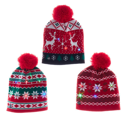 Battery Operated LED Christmas Pattern Knit Hats, 3 Assorted