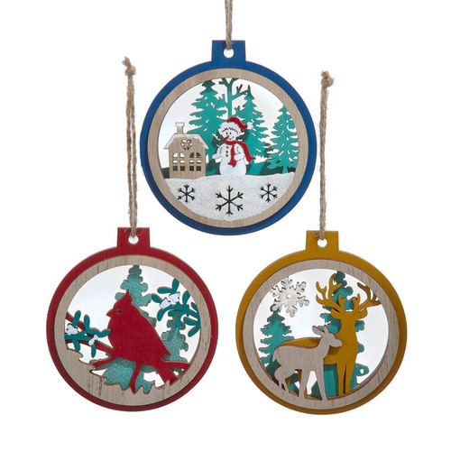 Wooden Snowman, Deer & Cardinal Scene Disc Ornaments, 3 Assorted