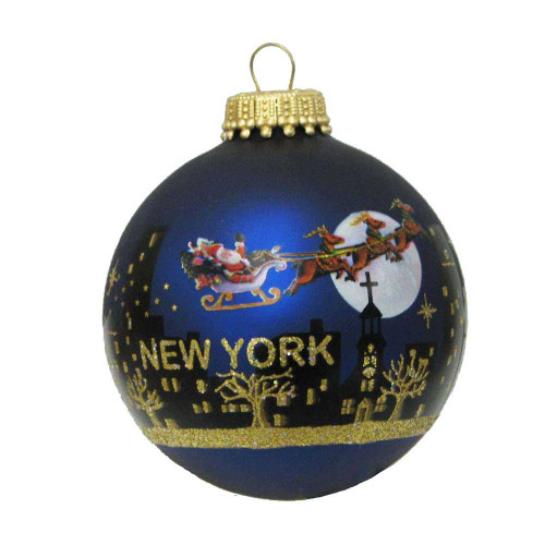 60MM NY Santa Skyline Hand Painted Glass Ball Ornament