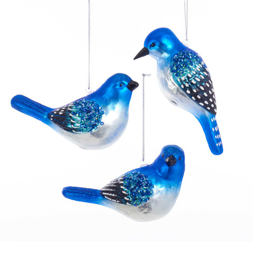 Blue Bird Glass Ornaments, 3 Assorted