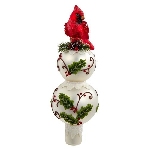 12“ Un-Lit Glass Holly Leaves and Cardinal Finial Treetop