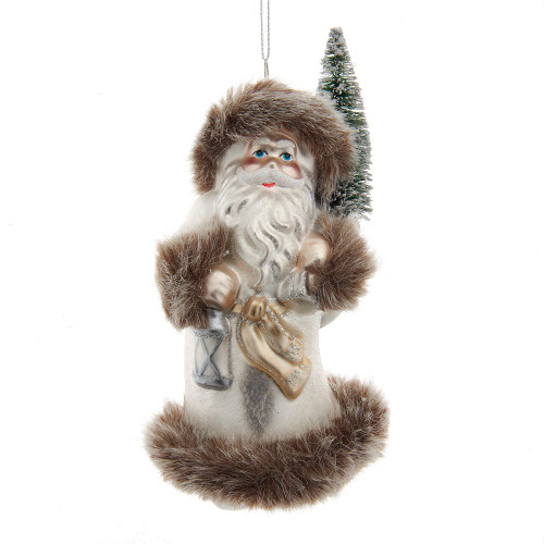 Glass Frost Santa With Brown Fur Trim Ornament