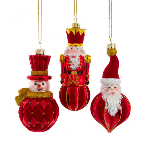 Glass Red & Gold Santa, Snowman & Nutcracker Ornaments, 3 Assorted