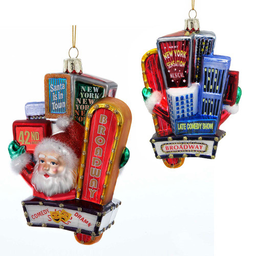 Santa On Broadway Sign Glass Ornament