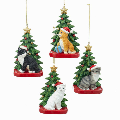 Cat With Christmas Tree Ornaments, 4 Assorted