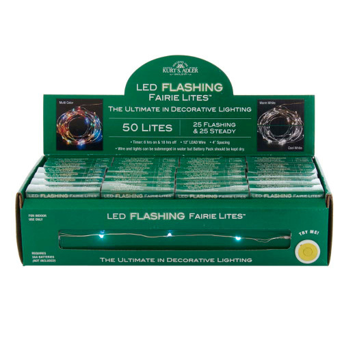 17' Battery Operated 50L Cool White LED Fairy Twinkle Silver Wire Light Set In PDQ