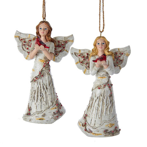 Birch Berries Angel Holding Cardinal Ornaments, 2 Assorted
