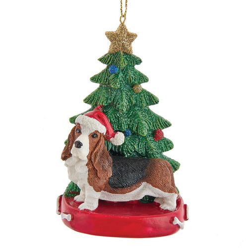 Basset Hound With Christmas Tree Ornament For Personalization