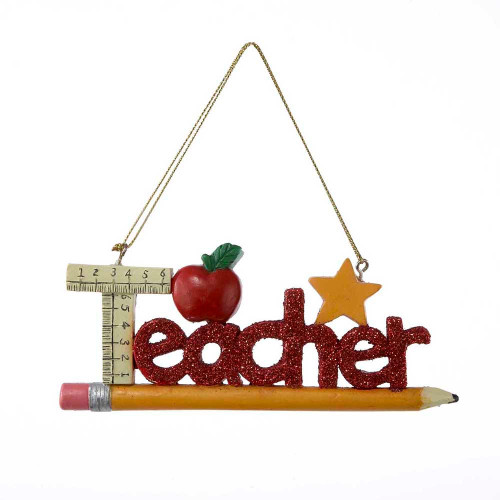 Red Glitter “Teacher“ Ornament For Personalization