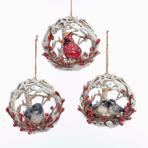 Cardinal and Chickadee In Birch Ball Ornaments, 3 Assorted