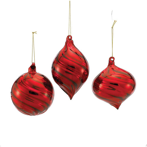 90MM Glass Red Glass Ball, Onion, and Finial Ornaments, 3 Assorted
