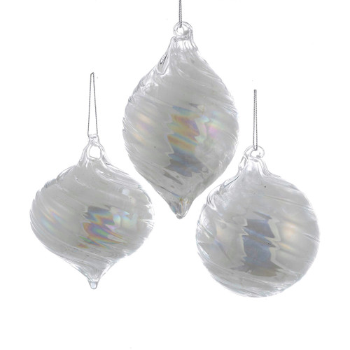 90MM Glass White Pearl Ball, Onion, and Finial Ornaments, 3 Assorted