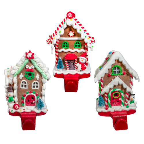 Gingerbread Candy House Stocking Hangers, 3 Assorted