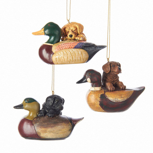 Puppy With Duck Decoy Ornaments, 3 Assorted
